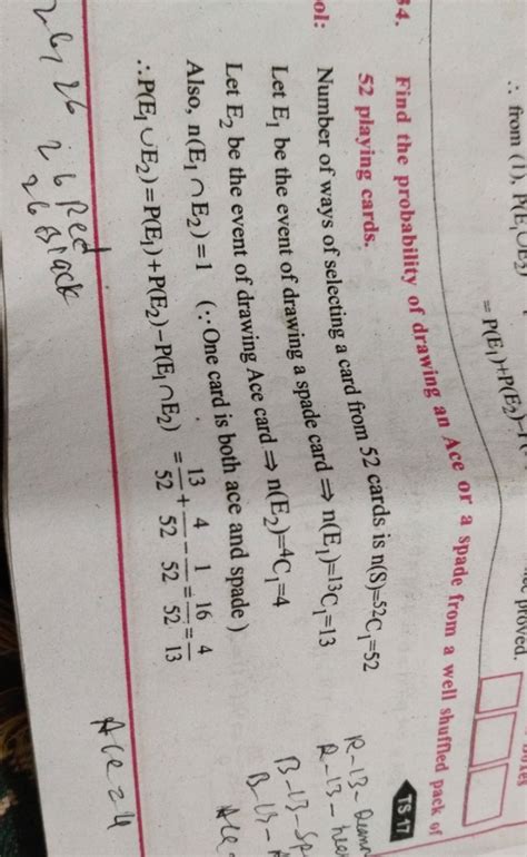 find the probability of getting a spade|Find the probability of drawing an ace or a spade from a  .